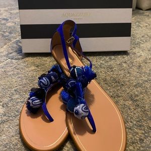 NIB AQUAZZURA TROPICANA BLUE SUEDE TASSEL T-STRAP THONG SANDALS FLATS Shoes 40.5